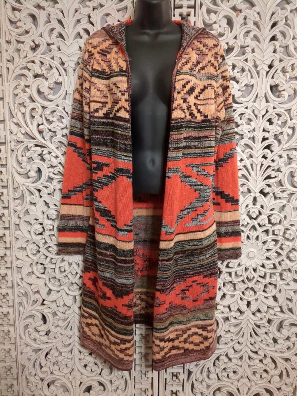 P2P 20.5" Aztec Design Long Sleeve Cardigan Sweater Duster